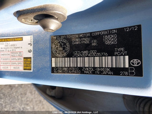 12681102 :رقم المزاد ، JTDKN3DP4D3035776 vin ، 2013 Toyota Prius Plug-in مزاد بيع