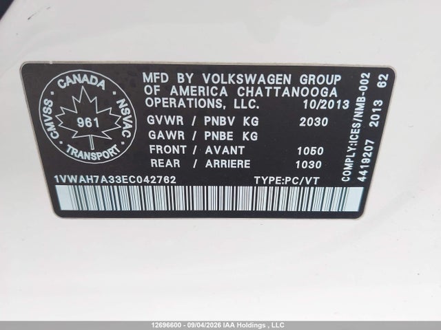Aukcja sprzedaży 2014 Volkswagen Passat 2.5l Trendline, vin: 1VWAH7A33EC042762, numer aukcji: 12696600