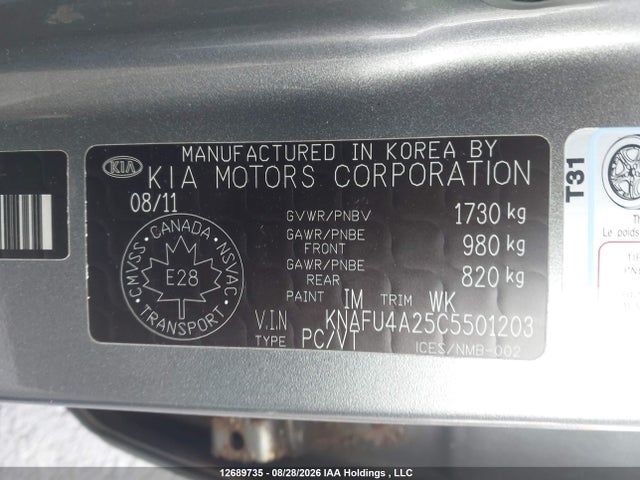 12689735 :رقم المزاد ، KNAFU4A25C5501203 vin ، 2012 Kia Forte 2.0l Ex مزاد بيع