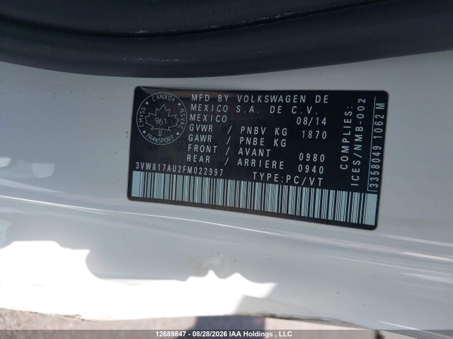 Aukcja sprzedaży 2015 Volkswagen Golf 1.8 Tsi Trendline, vin: 3VW817AU2FM022997, numer aukcji: 12689847