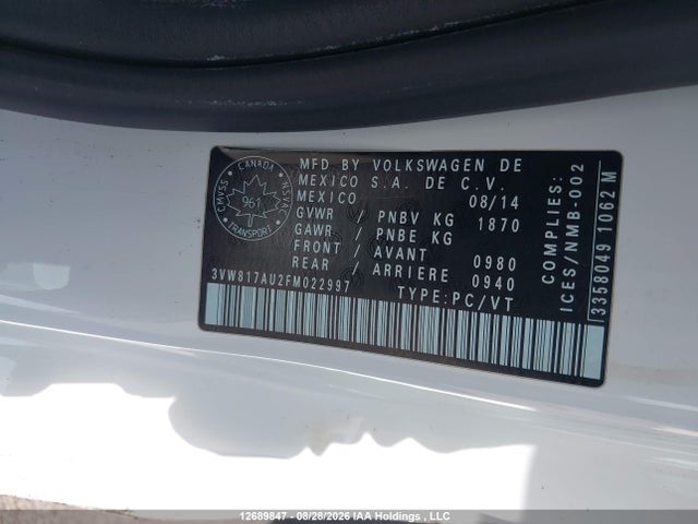 Aukcja sprzedaży 2015 Volkswagen Golf 1.8 Tsi Trendline, vin: 3VW817AU2FM022997, numer aukcji: 12689847