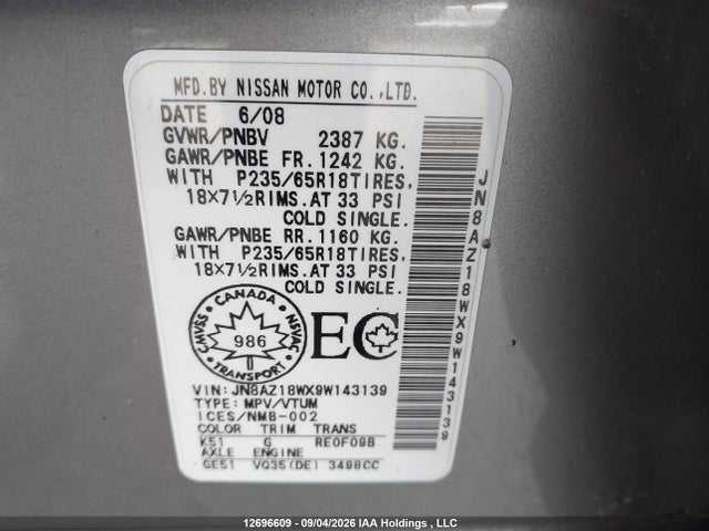 12696609 :رقم المزاد ، JN8AZ18WX9W143139 vin ، 2009 Nissan Murano S/sl/le مزاد بيع
