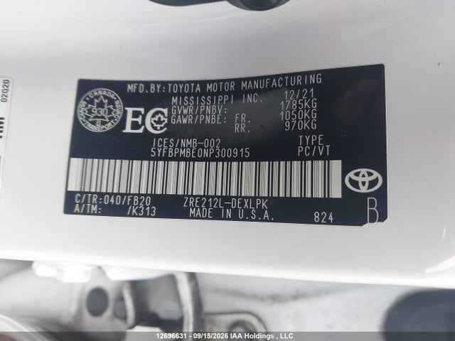 2022 Toyota Corolla Le მანქანა იყიდება აუქციონზე, vin: 5YFBPMBE0NP300915, აუქციონის ნომერი: 12696631