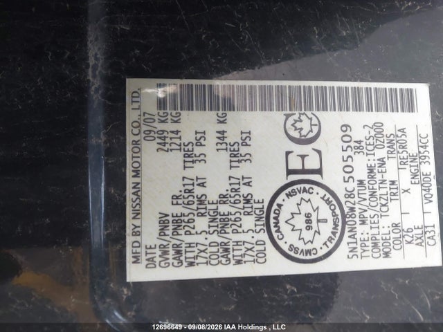 12696649 :رقم المزاد ، 5N1AN08W28C505509 vin ، 2008 Nissan Xterra Off Road/s/se مزاد بيع