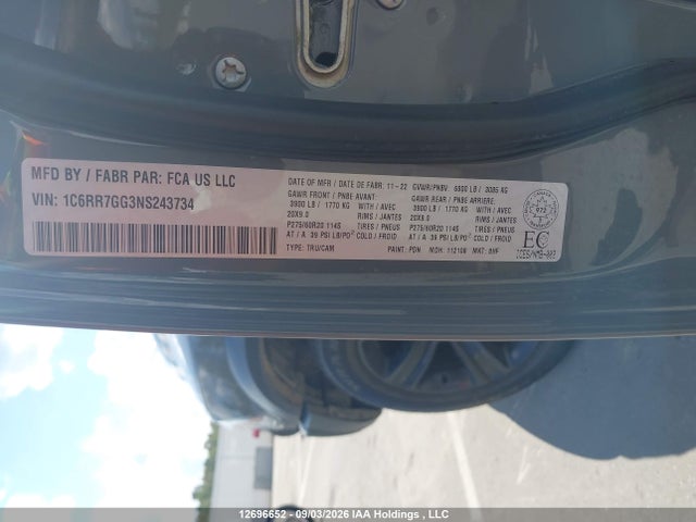 12696652 :رقم المزاد ، 1C6RR7GG3NS243734 vin ، 2022 Ram 1500 Classic Slt مزاد بيع