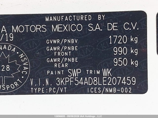 12696655 :رقم المزاد ، 3KPF54AD8LE207459 vin ، 2020 Kia Forte Ex مزاد بيع