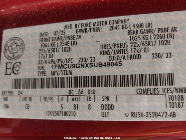 12696660 :رقم المزاد ، 1FMCU9GNXSUB49045 vin ، 2025 Ford Escape Active مزاد بيع