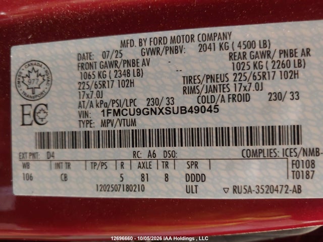 12696660 :رقم المزاد ، 1FMCU9GNXSUB49045 vin ، 2025 Ford Escape Active مزاد بيع
