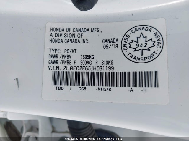 Aukcja sprzedaży 2018 Honda Civic Se, vin: 2HGFC2F65JH031199, numer aukcji: 12696665