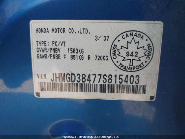 12696673 :رقم المزاد ، JHMGD38477S815403 vin ، 2007 Honda Fit مزاد بيع