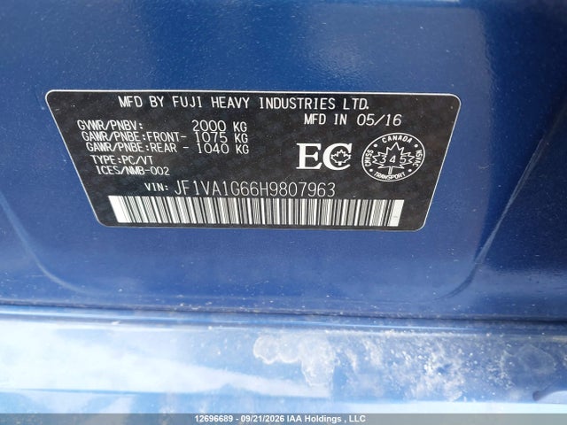 12696689 :رقم المزاد ، JF1VA1G66H9807963 vin ، 2017 Subaru Wrx Limited مزاد بيع