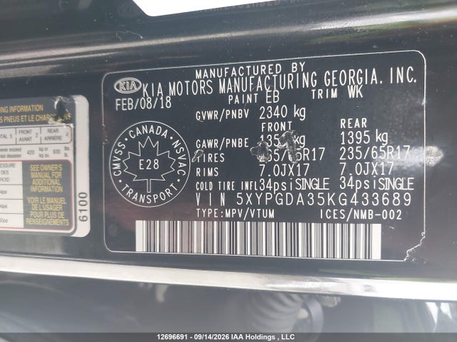 12696691 :رقم المزاد ، 5XYPGDA35KG433689 vin ، 2019 Kia Sorento 2.4l Lx مزاد بيع