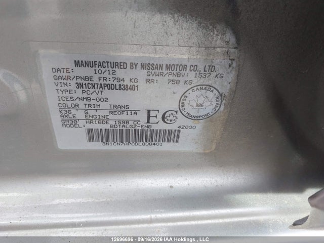 12696696 :رقم المزاد ، 3N1CN7AP0DL838401 vin ، 2013 Nissan Versa 1.6 S/1.6 Sl/1.6 Sv مزاد بيع