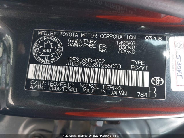 Aukcja sprzedaży 2008 Toyota Yaris, vin: JTDBT923381255050, numer aukcji: 12696698