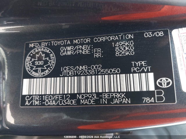 Aukcja sprzedaży 2008 Toyota Yaris, vin: JTDBT923381255050, numer aukcji: 12696698