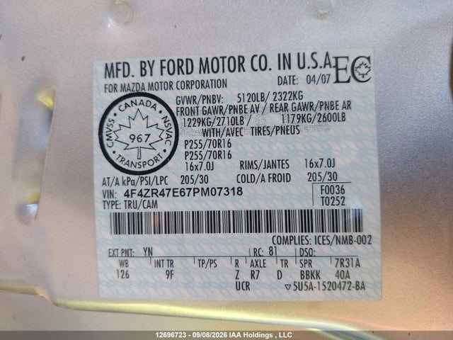 Aukcja sprzedaży 2007 Mazda B4000 Se, vin: 4F4ZR47E67PM07318, numer aukcji: 12696723