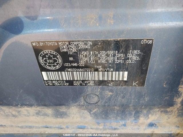 Aukcja sprzedaży 2008 Toyota Rav4 Sport, vin: JTMBD32V686072210, numer aukcji: 12685137