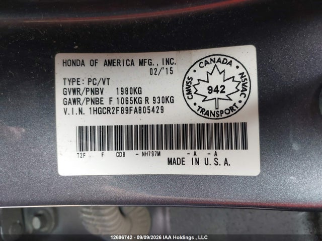 Honda Accord Ex-l 2015 1HGCR2F89FA805429 Image 9