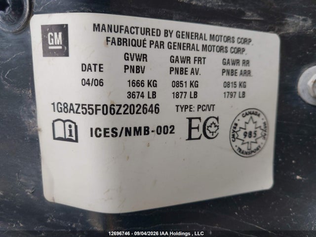 2006 Saturn Ion Level 2 მანქანა იყიდება აუქციონზე, vin: 1G8AZ55F06Z202646, აუქციონის ნომერი: 12696746