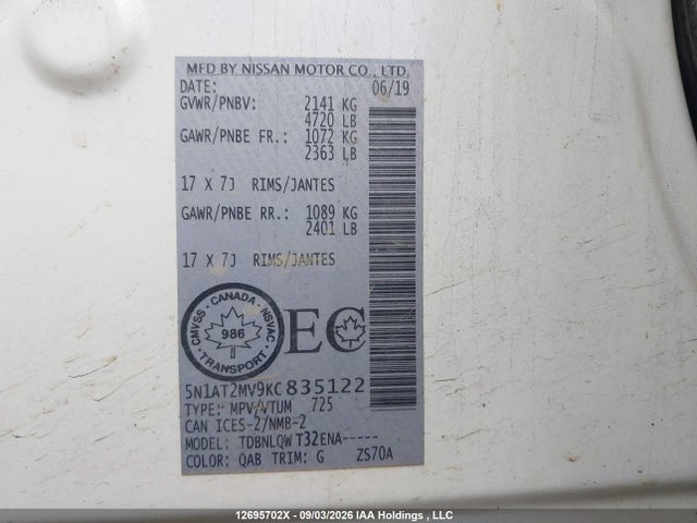 Aukcja sprzedaży 2019 Nissan Rogue S/sl/sv, vin: 5N1AT2MV9KC835122, numer aukcji: 12695702