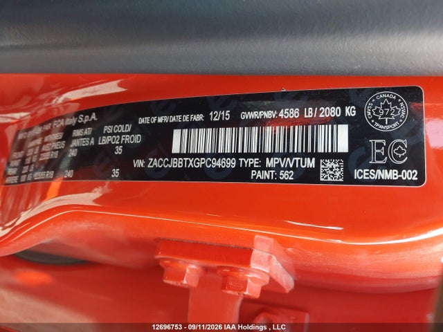 Продаж на аукціоні авто 2016 Jeep Renegade, vin: ZACCJBBTXGPC94699, номер лоту: 12696753