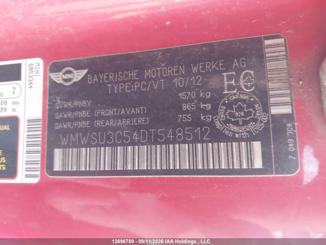 12696759 :رقم المزاد ، WMWSU3C54DT548512 vin ، 2013 Mini Hatch Cooper مزاد بيع