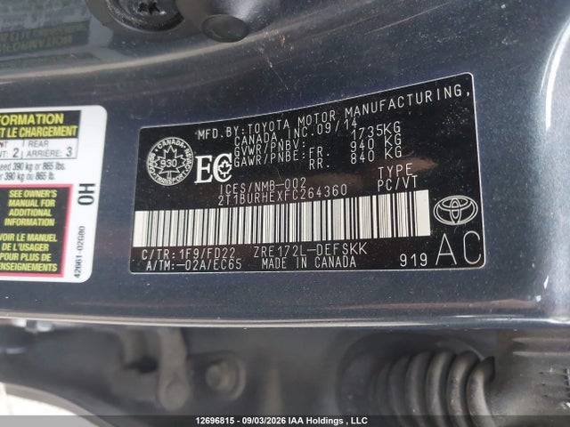 Продаж на аукціоні авто 2015 Toyota Corolla L/le/le Pls/prm/s/s Pls, vin: 2T1BURHEXFC264360, номер лоту: 12696815