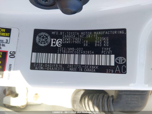 Aukcja sprzedaży 2016 Toyota Corolla L/le/le Pls/prm/s/s Pls, vin: 2T1BURHE0GC492854, numer aukcji: 12696816