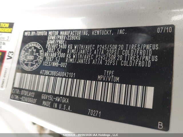 2010 Toyota Venza Base V6 მანქანა იყიდება აუქციონზე, vin: 4T3BK3BB5AU042101, აუქციონის ნომერი: 12696828