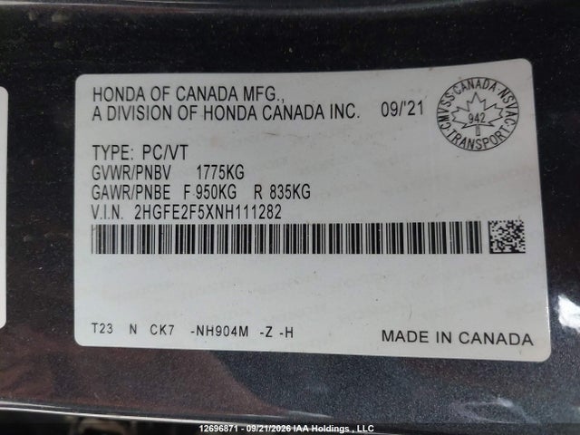 12696871 :رقم المزاد ، 2HGFE2F5XNH111282 vin ، 2022 Honda Civic Sport مزاد بيع