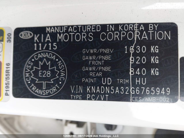 KNADN5A32G6765949 KIA Rio Ex/ex+ W/sunroof/lx/lx+/lx+ Eco/sx