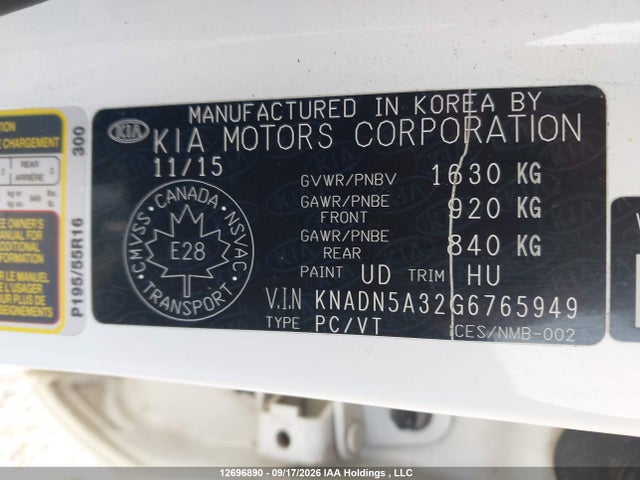 KNADN5A32G6765949 KIA Rio Ex/ex+ W/sunroof/lx/lx+/lx+ Eco/sx