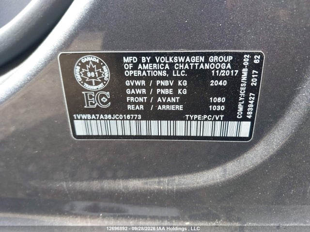 Продаж на аукціоні авто 2018 Volkswagen Passat, vin: 1VWBA7A36JC016773, номер лоту: 12696892