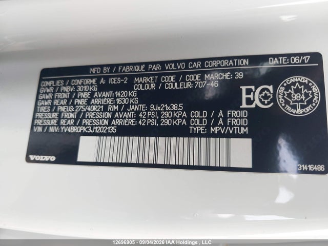 Продажа на аукционе авто 2018 Volvo Xc90 T8, vin: YV4BR0PK3J1202135, номер лота: 12696905
