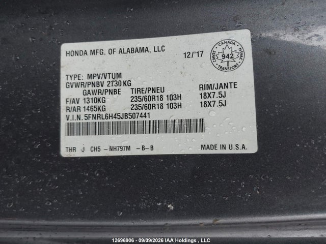 Honda ODYSSEY EX 2018 5FNRL6H45JB507441 Image 9