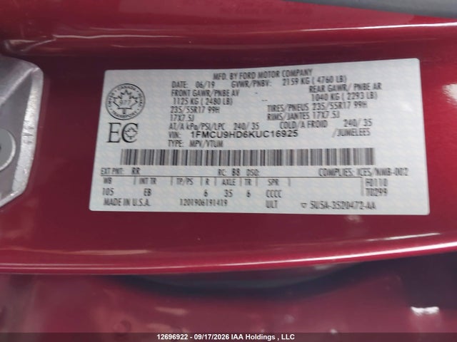 Ford ESCAPE SEL 2019 1FMCU9HD6KUC16925 Image 9