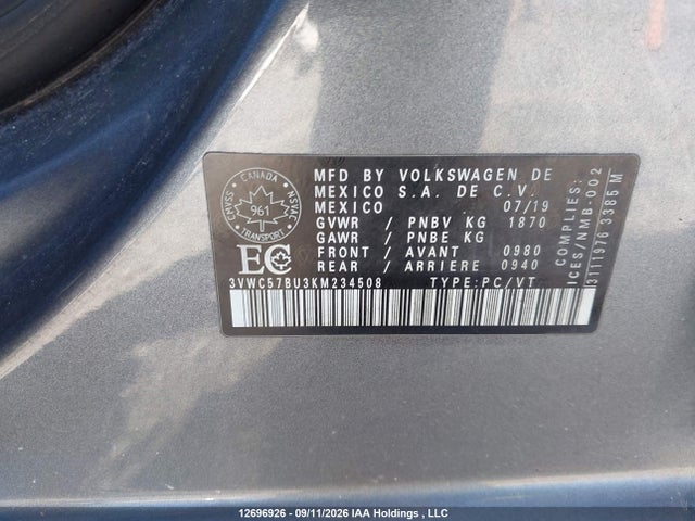 Продаж на аукціоні авто 2019 Volkswagen Jetta S/se/r-line, vin: 3VWC57BU3KM234508, номер лоту: 12696926
