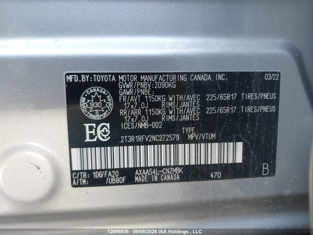Auction sale of the 2022 Toyota Rav4 Xle, vin: 2T3R1RFV2NC272579, lot number: 12696936