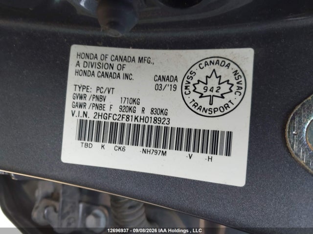 2HGFC2F81KH018923 Honda Civic Sport