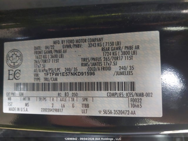 Ford F150 Supercrew 2022 1FTFW1E57NKD91596 Image 19