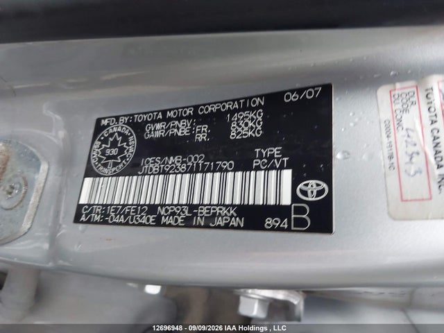 12696948 :رقم المزاد ، JTDBT923871171790 vin ، 2007 Toyota Yaris مزاد بيع