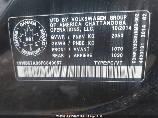 12696951 :رقم المزاد ، 1VWBS7A36FC040057 vin ، 2015 Volkswagen Passat 1.8 Tsi Comfortline مزاد بيع