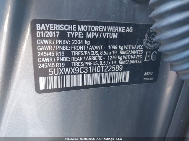 Продаж на аукціоні авто 2017 Bmw X3 Xdrive28i, vin: 5UXWX9C31H0T22589, номер лоту: 12696953