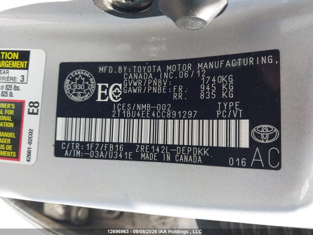 Aukcja sprzedaży 2012 Toyota Corolla S/le, vin: 2T1BU4EE4CC891297, numer aukcji: 12696963