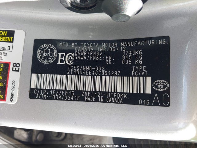 Aukcja sprzedaży 2012 Toyota Corolla S/le, vin: 2T1BU4EE4CC891297, numer aukcji: 12696963