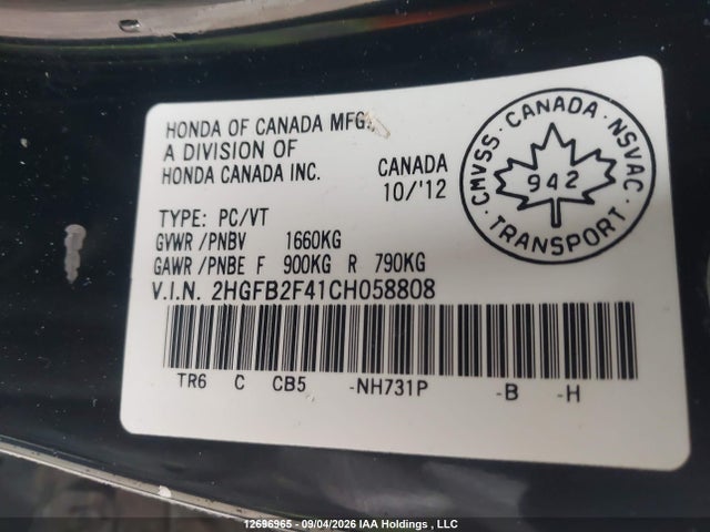 2012 Honda Civic Lx მანქანა იყიდება აუქციონზე, vin: 2HGFB2F41CH058808, აუქციონის ნომერი: 12696965