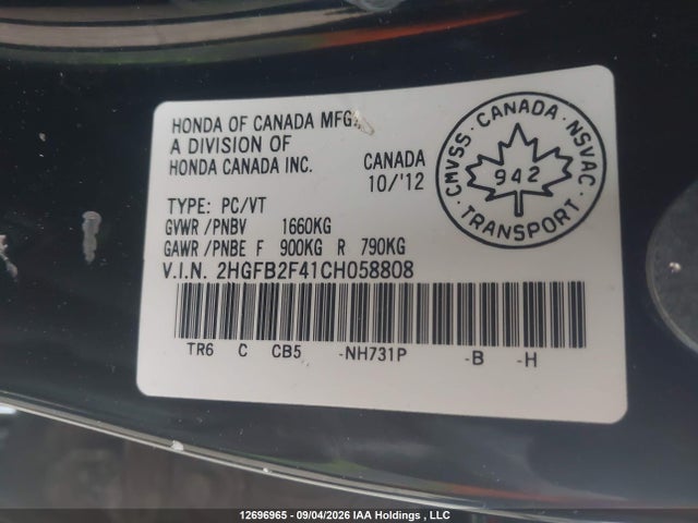 2012 Honda Civic Lx მანქანა იყიდება აუქციონზე, vin: 2HGFB2F41CH058808, აუქციონის ნომერი: 12696965