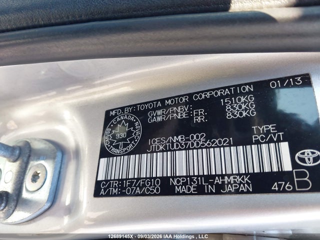Auction sale of the 2013 Toyota Yaris Le, vin: JTDKTUD37DD562021, lot number: 12689145