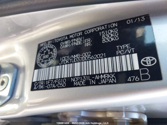 Auction sale of the 2013 Toyota Yaris Le, vin: JTDKTUD37DD562021, lot number: 12689145