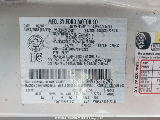 Aukcja sprzedaży 2007 Ford Mustang V6, vin: 1ZVFT80N975316292, numer aukcji: 12689965